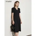 Amii-Robe de printemps minimaliste pour femme col en V robes monochromes robe décontractée mince