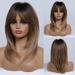 RightOn Ombre Brown Wigs with Bangs Brown Wigs for Women Shoulder-Length Brown Wigs Layered Brown Synthetic Wigs with Wig Cap