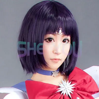 Perruque Cosplay synthétique courte – Sailor Saturn 35cm mélange violet et noir perruque Bobo