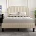 Velvet Curved Upholstered Platform Bed with Nailhead Trim,Cream