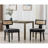 Guyou Modern Rattan Backrest Dining Chairs Set of 2 Mid-century Farmhouse Faux Leather Upholstered Kitchen Chairs Solid Wood Side Chairs for Kitchen Dining Room Living Room Black