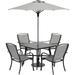 Hanover Foxhill 5-Piece Commercial-Grade Patio Dining Set with 4 Sling Dining Chairs 38-in. Square Slat-Top Table Umbrella and Base
