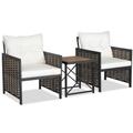 Costway 3 Pieces Patio Rattan Furniture Set with Acacia Wood Tabletop-White