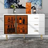 Modern Sideboard, Buffet Cabinet Faux Marble Tabletop and Amber-Yellow Tempered Glass Doors with Gold Metal Legs & Handles