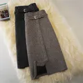 Jupe en laine à carreaux avec ceinture taille haute grande taille bouton mi-longue