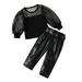 5 Girl Clothes Toddler Kids Baby Girls Tulle Long Puff Sleeve Ribbed T Shirt Tops PU Leather Pants With Belt Outfits Clothes Set Sweatsuit Set