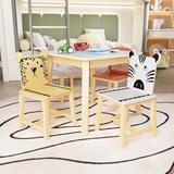 5 Piece Cute Kids Table and Chair Set, Kids Wood Table with 4 Cartoon Animals Chairs Set（3-8 Years Old）