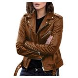 Stamzod Women s Faux Leather Belted Motorcycle Jacket Long Sleeve Zipper Fitted Fall and Winter Fashion Moto Bike Short Jacket Coat Bown XL