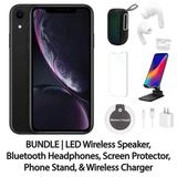 Restored Apple iPhone XR 64GB Black Fully Unlocked with LED Wireless Speaker Bluetooth Headphones Screen Protector Wireless Charger & Phone Stand (Refurbished)