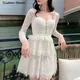 Mini robe en dentelle à manches longues pour femme tenue de soirée Vintage abricot avec boutons