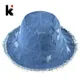 Chapeau de soleil en denim délavé pour femme casquette souple à pompon chapeaux de plage à large