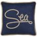 HomeRoots 17" X 17" Navy Blue And Brown Text Zippered Polyester And Burlap Blend Throw Pillow With Embroidery