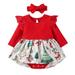 Toddler Girls Outfit Baby Cute Cartoon Long Ruffled Sleeve Patchwork Princess Dress Romper With Headbands Christmas Outfit Set 2Pcs Clothes
