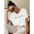 T-shirt manches courtes femme estival et décontracté 100% coton avec lettres imprimées "Balance"