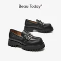 BeauToday-Mocassins épais en cuir de veau pour femme chaussures rétro faites à la main double