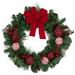 Red Bow Mixed Foliage Artificial Christmas Wreath with Ornaments, 30"