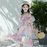 Dyfzdhu Summer Dresses for Girls Off Shoulder Short Sleeve Flower Dress Flowy Chiffon Beach Boho Dress