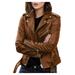 Ecqkame Women s Faux Leather Belted Motorcycle Jacket Long Sleeve Zipper Fitted Fall and Winter Fashion Moto Bike Short Jacket Coat Bown 4XL