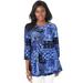 Plus Size Women's Stretch Knit Swing Tunic by Jessica London in Blue Patchwork (Size 30/32) Long Loose 3/4 Sleeve Shirt