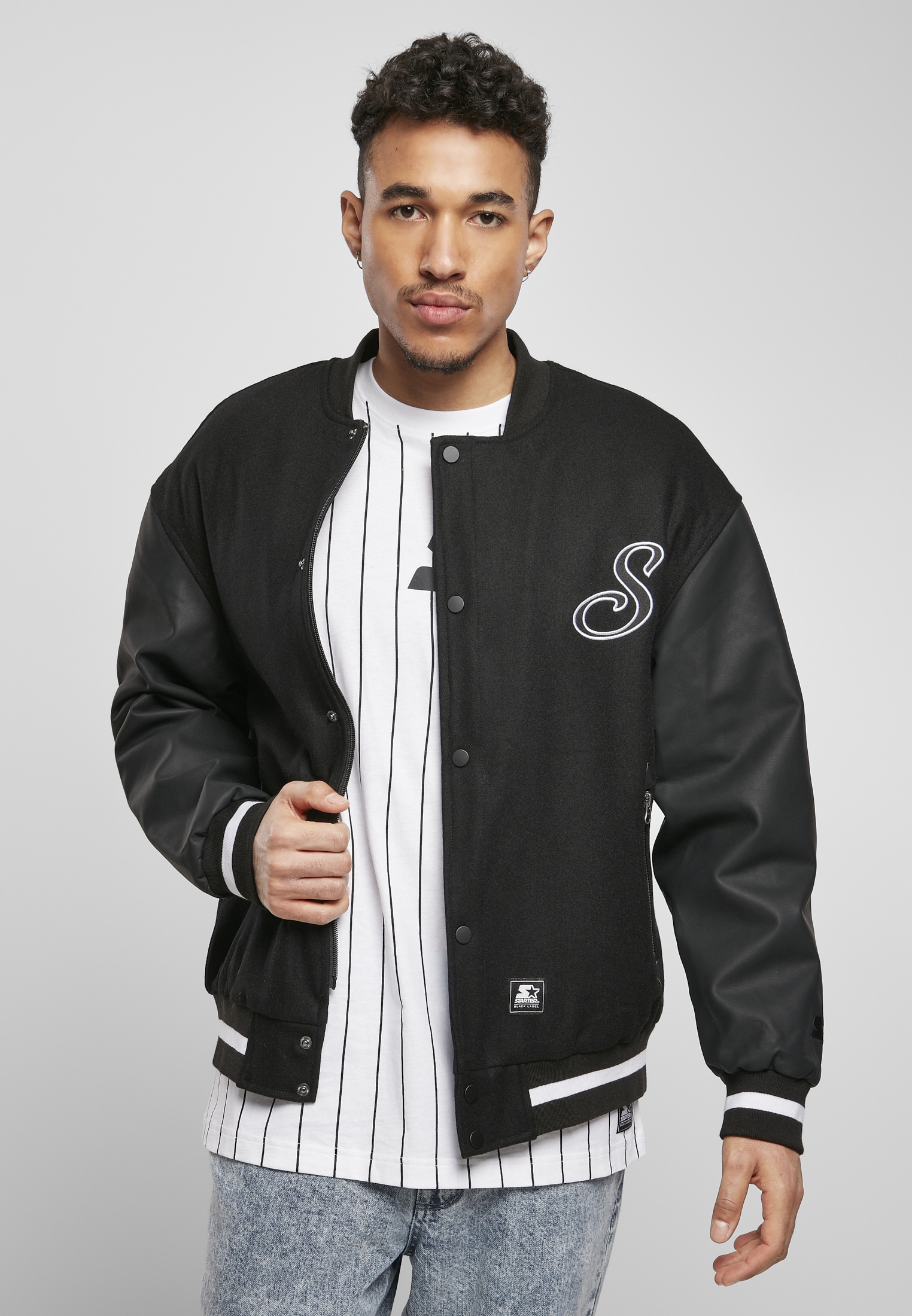 Collegejacke STARTER BLACK LABEL "Starter Black Label Herren Starter Script College Jacket", Herren, Gr. XL, schwarz, 50% Wolle, 50% Viskose, unifarben, normal, amerikanischer Ausschnitt, Jacken Image