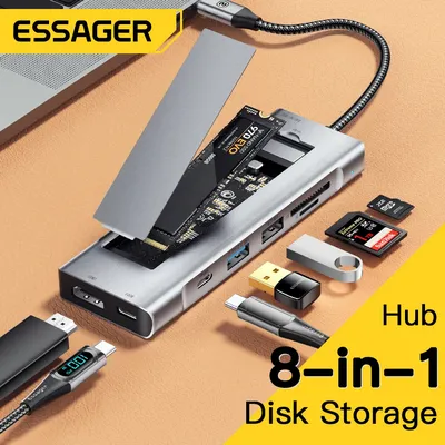 Essager-airies USB 8 en 1 avec fonction de stockage de disque Type C vers HDMI Ordinateur portable