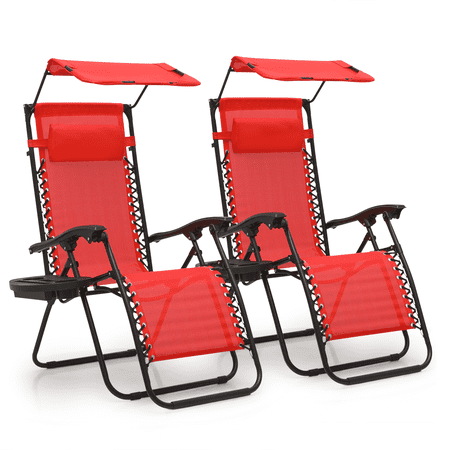 MoNiBloom Folding Chairs Set of 2 for Outside Zero Gravity Patio Beach Lounger w/ Canopy Shade & Headrest Red