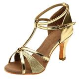 JDEFEG Wedge Heel Slippers Women Salsa Shoes Dance Shoes Dance Latin Party Satin Girl Tango Med-Heels Women s Casual Shoes Slip Loafer Gold 40