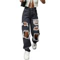 Gwiyeopda Women High Waisted Denim Pants Ripped Baggy Boyfriend Washed Straight Leg Jeans