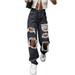AMILIEe Ripped Denim Pants for Women High Waisted Baggy Boyfriend Jeans Straight Wide Leg Pants