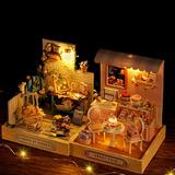 Happy Date DIY Miniature Doll House kit DIY Cottage Doll House Courtyard W/ Dolls Pets Furniture Pretend Playset for Toddlers 3 4 5 6 Years Old