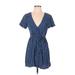 Adriano Goldschmied Casual Dress - A-Line Plunge Short sleeves: Blue Polka Dots Dresses - Women's Size 3