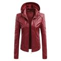 Pgeraug Jackets for Women Womens Long Sleeve Leather Jacket Motorcycle Leather Jacket Pu Leather Jacket Womens Jacket Coat with Detachable Hat Leather Jacket Women Red 2Xl