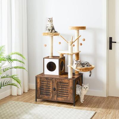 Kratzbaum mit katzenklo Schrank, katzenbaumTurm, All-in-One-Katzenmöbel für drinnen, versteckte Image