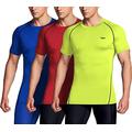 TSLA Men's Cool Dry Short Sleeve Compression Shirts, Athletic Workout Shirt, Active Sports Base Layer T-Shirts, Core 3pack Tops Neon Yellow/Blue/Red, L