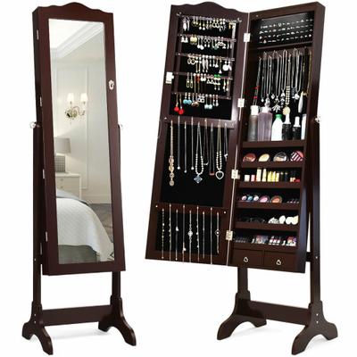 Costway 14 LED Jewelry Armoire Cabinet with Full Length Mirror and 4 Tilting Angles-Coffee