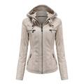 Women s Removable Hooded Faux Leather Jacket Moto Biker Coat XS-7XL