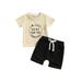 Frobukio 2Pcs Toddler Baby Boys Summer Outfits Short Sleeve Letter Print Tops Solid Color Drawstring Shorts Sets Apricotã€€18-24 Months