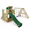 WICKEY Wooden climbing frame Smart Surf with swing set & green slide, Outdoor kids playhouse with sandpit, climbing ladder & play-accessories for the garden