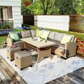 Wildon Home® Lukas Rectangular 8 - Person 93.3" Long Outdoor Dining Set w/ Cushions Wood/Wicker/Rattan in Brown/Gray/White | 93.3 W x 93.3 D in | Wayfair