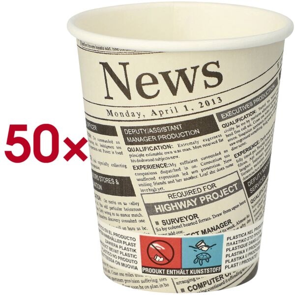 Papstar 50er-Pack Einweg-Trinkbecher »To Go Newsprint« 0,2 Liter weiß, 9.1 cm Image