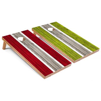 Solid Wood Cornhole Boards - Red and Lime Stripes Design