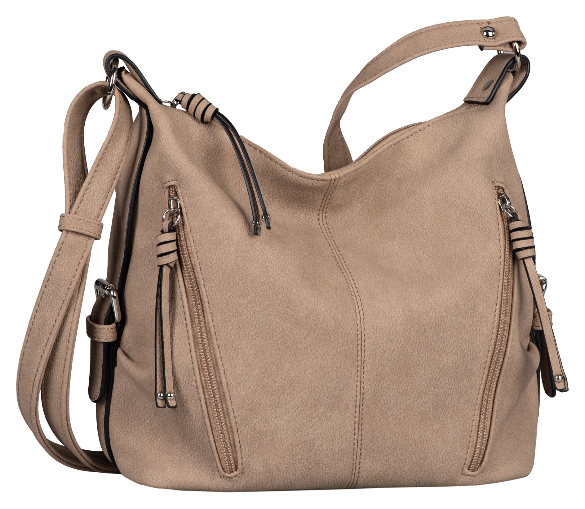 Umhängetasche TOM TAILOR "CAIA Cross bag M", Damen, Gr. B/H/T: 26cm x 26cm x 12cm, grau (taupe), Lederimitat, Polyurethan (PU), aufgeraut, unifarben, Taschen Umhängetasche, mit schönen Details