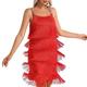 Damen Great Gatsby Flapper Spaghetti Quaste Kleid mit Stirnband, 20er Jahre Elegant Art Deco Party Accessoire Kostüm Geschenk Ohrringe (Rot, S)