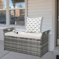 Zimtown 33 Gal/ 125L Wicker Deck Wicker Storage Box w/ Beige Cushion Rattan Bench for Balcony Patio Wicker Furniture