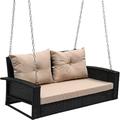 YITAHOME 2-Seats Wicker Hanging Porch Swing Chair Outdoor Black Rattan Patio Swing Lounge w/ 2 Back Cushions Capacity 770lbs for Garden Balcony Living Room Beige