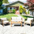 Costway 4PCS Wooden Patio Furniture Set Cushioned Sofa W/Rope Armrest White