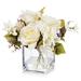 Enova Home Mixed Artificial Silk Roses and Hydrangea Fake Flowers Arrangement in Cube Glass Vase with Faux Water for Home Decor