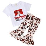 ZHAGHMIN Cute Outfits For Teen Girls Toddler Girls Short Sleeves Kids Cow Head Top Letters Prints Outfits Set Bell Bottom Pants Flared Girls Outfits Set Toddler Girl Outfit Juniors Clothes For Teen