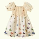 Toddler Girl s Princess Dress Short Sleeve Elastic Wrap Puff Hem High Waist Tank Dress Pleated Hem Butterfly Print Mini Dress