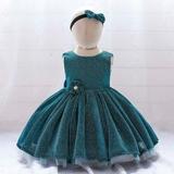 Baby Girls Dress Formal Bowknot Tutu Backless Puffy Tulle Gowns Princess Wedding Sequins Birthday Party Gown Long Dresses Headband Suit